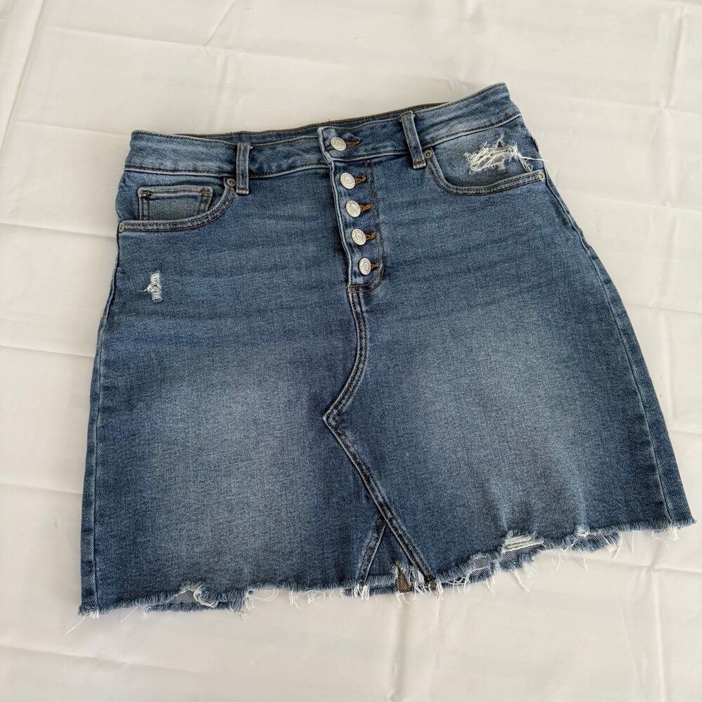 Maurices Women's 8 Mini Jean Skirt Denim Raw Hem Button Fly Distressed Western